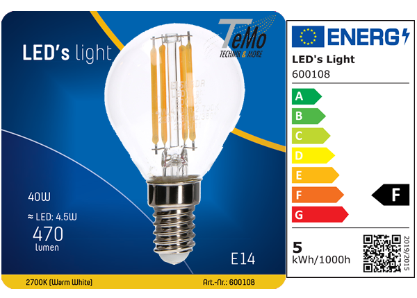 1 STÜCK (VPE) SHADA LED Classic E14 470lm 4.5W, warmweiss 2700K, G45 klar, EEC: F (0600108)